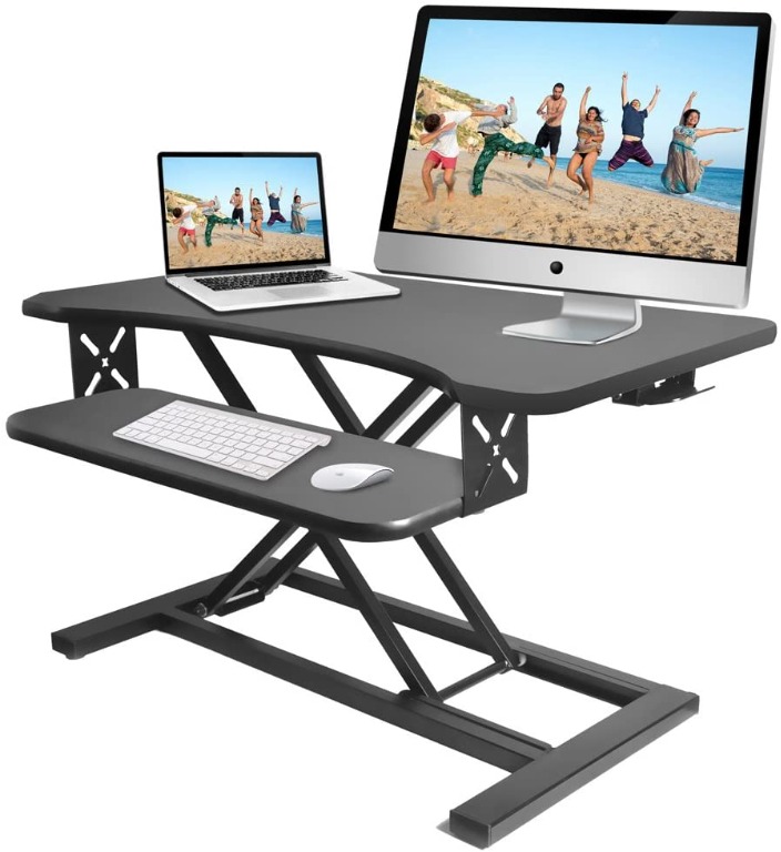 Pyle Ergonomic Standing Desk & PC Monitor Riser - Height Adjustable Laptop & Computer Table w/Wide Keyboard Tray - Black Sit & Stand Desktop Workstation Converter for Office or Gaming Use - PDRIS12