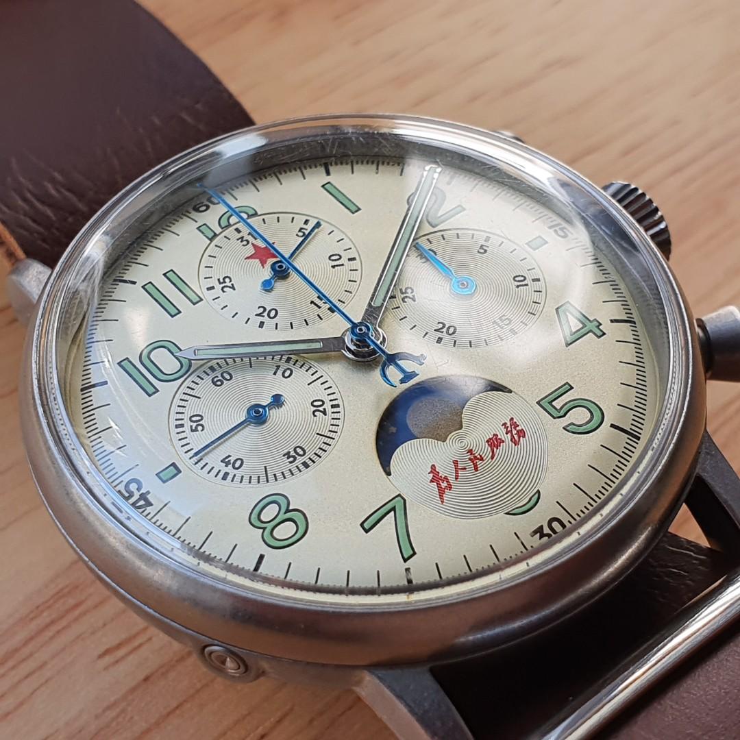 Red star hand wind mechanical discount chronograph with moonphase