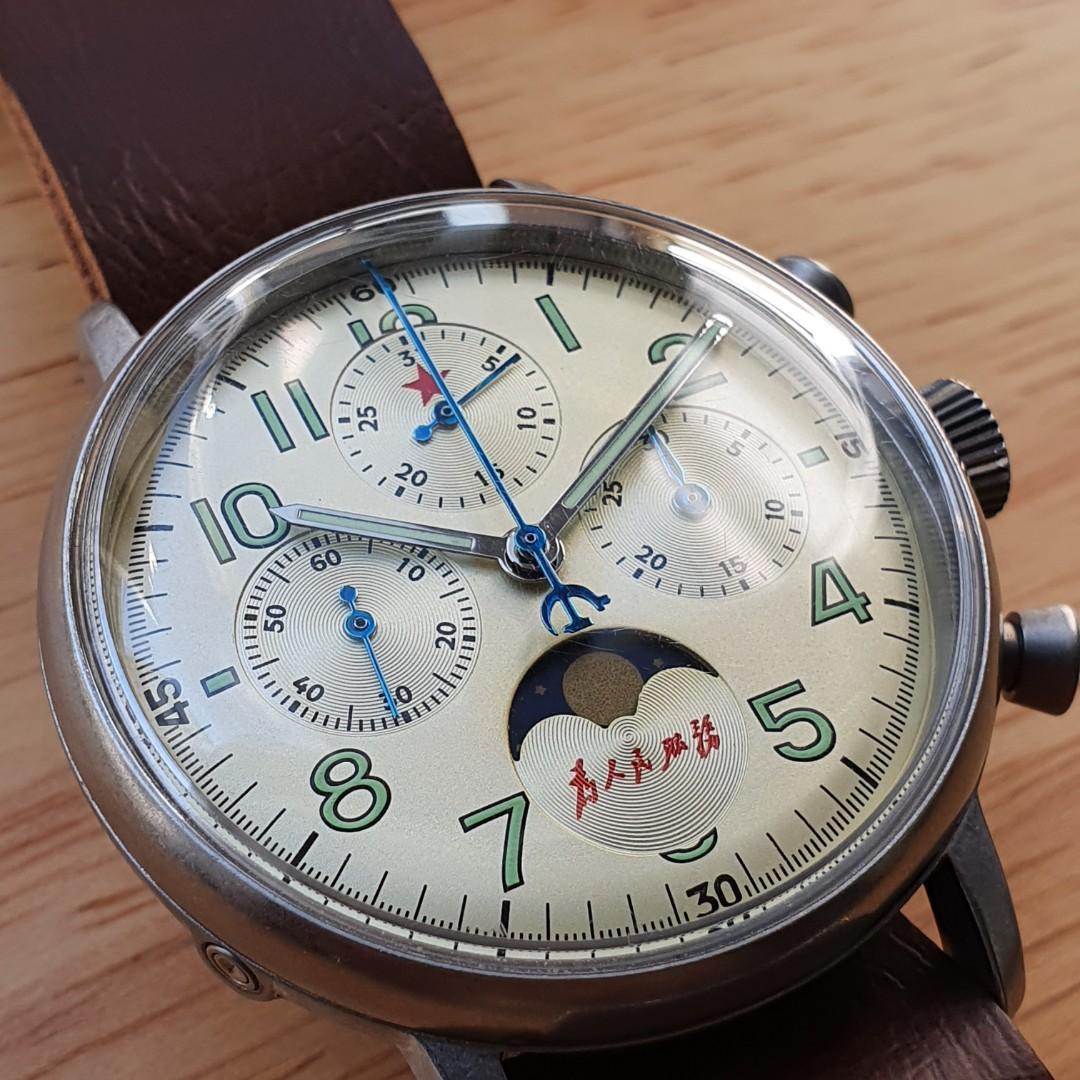 Red star hand wind clearance mechanical chronograph with moonphase