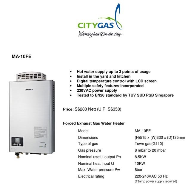 MACRO MA-10FE Gas Water Heater, TV u0026 Home Appliances, Water Heater u0026  Instant Showers on Carousell