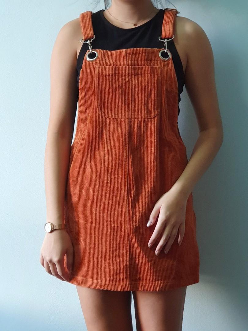Orange red corduroy dungaree dress