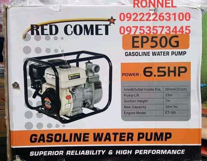 RED COMET EP50G Gasoline Water Pump (Category: Construction Tools & Equipment) located in Valenzuela. Submitted by ronnelpowertools (Listing ID 1004980993, Image 2). Description: Price - 8,800 DR RED COMET EP50G Gasoline Water Pump Superior Reliability & High Performance Power: 6.5HP / 200 cc Speed: 3600rpm Fuel tank: 3.6 liters Inlet & outlet inside diameter: 50mm (2inch) Pump Lift: 23m Suction Height: 7m Max. Capacity: 30m'/hr Engine model: ET 
