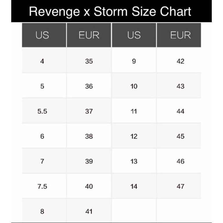 revenge x storm size chart