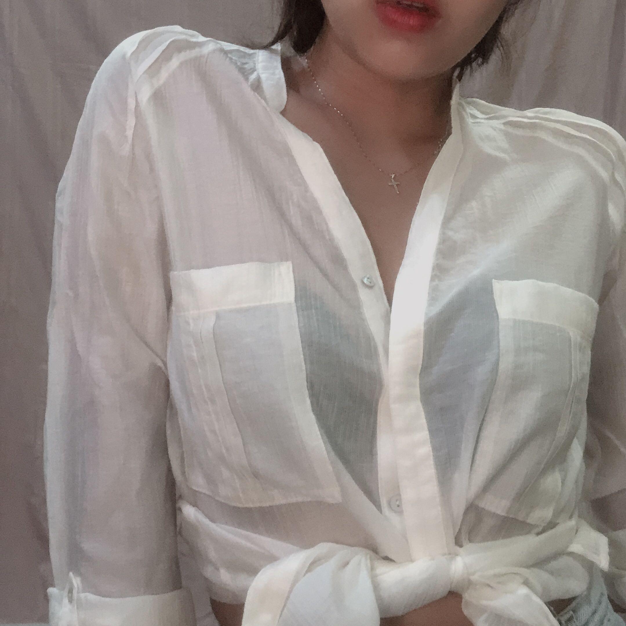 Sheer white button up on sale