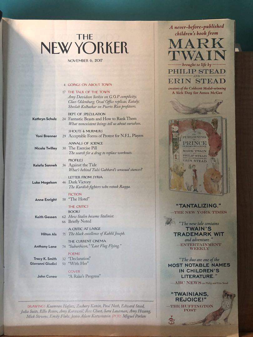 The New Yorker - November 2017 (Category: Magazines) located in Quezon City. Submitted by bibliophiled (Listing ID 1005213353, Image 2). Description: 3 for P400 if buying other similarly priced New Yorker magazines. Please check out my profile/other listings. RFS: Already read and enjoyed, time to share the love. *Personal details digitally blacked out..