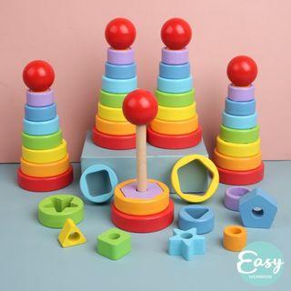 Toddlers Kids Toys Wooden Rainbow Tower Geometric Building Blocks Stacking Toy