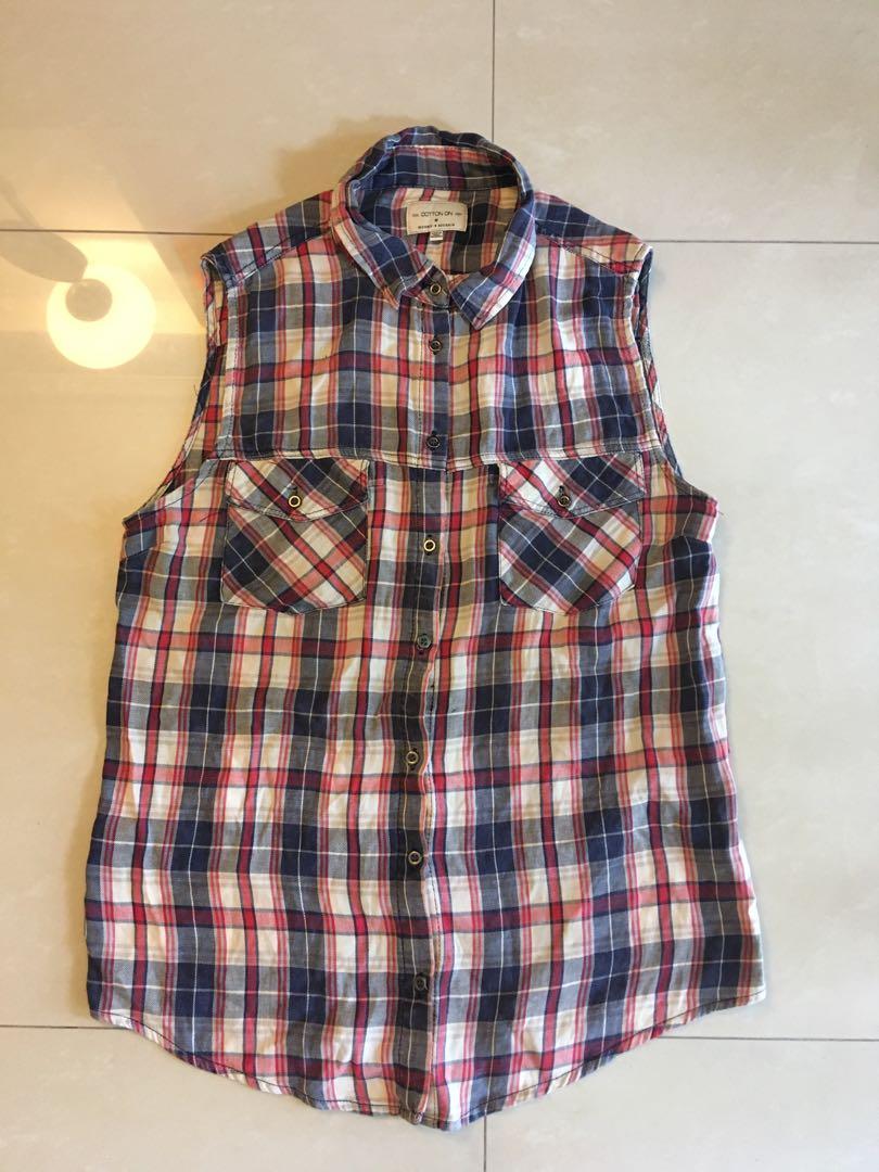 cotton on blue red white sleeveless flannel shirt Women s Fashion Tops Sleeveless on Carousell