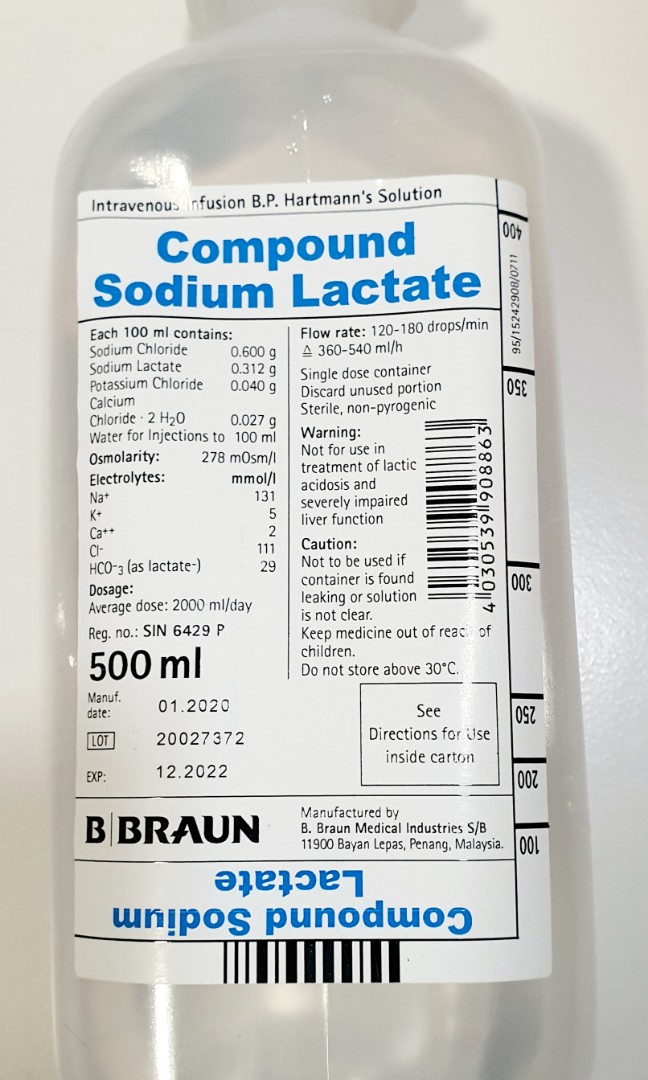 Hartmann's Solution (BBraun), Compound Sodium Lactate, 500ml, 10 btl/pck