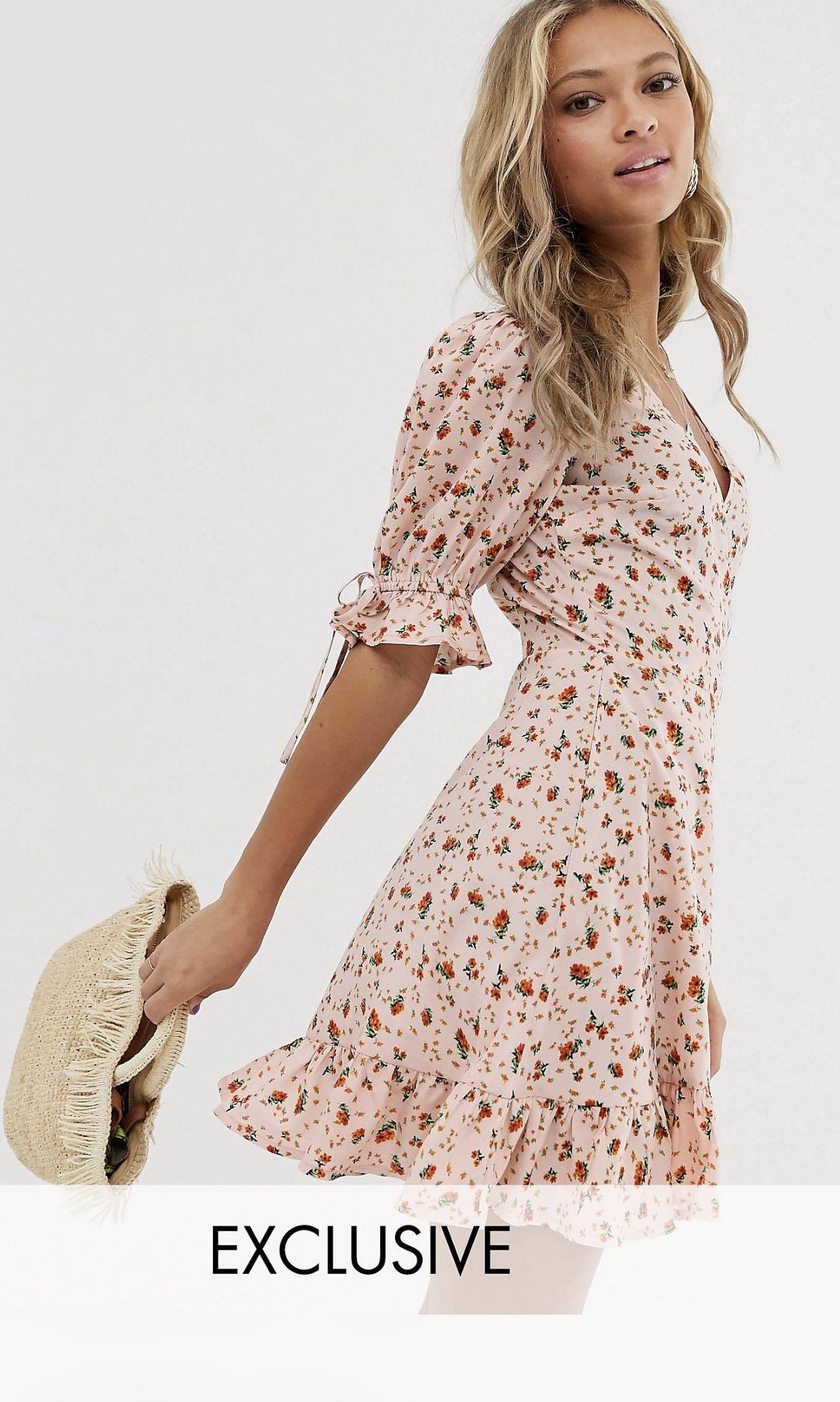 Wednesday's girl wrap mini dress with tie sleeves in ditsy floral Clearance