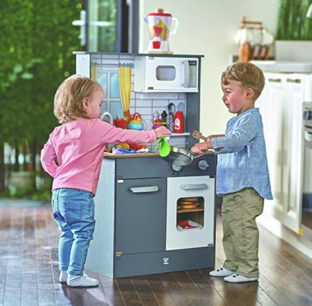 wooden play kitchen with lights and sounds