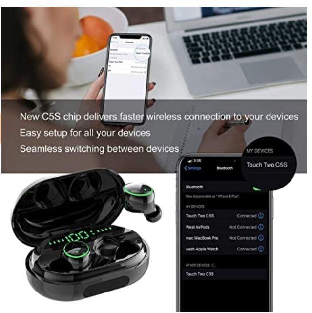 BNIB TOUCH TWO C5S Bluetooth 5.0 Wireless Earbud IPX8 Waterproof Stereo Earbuds with Microphone LED Battery Display 120hrs Playtime