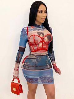 Adogirl Fashion Bustier Print Mesh Women Sexy Dress Turtleneck Long Sleeve Bodycon Mini Night Club Dresses Female Casual Vestido