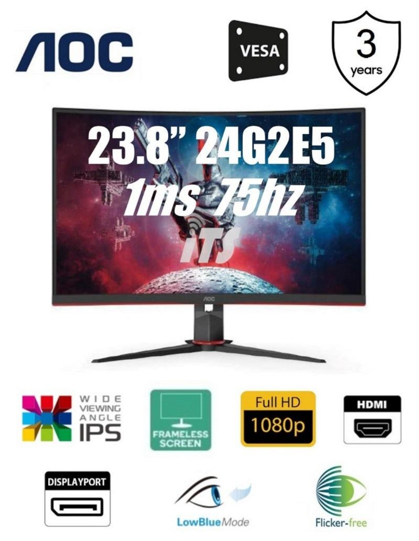 Aoc Led Gaming Flat 24 24g2e5 68 Ips Fhd 1ms Vga Hdmi 2 Dp Hdr Vesa Fs 75hz Electronics Others On Carousell