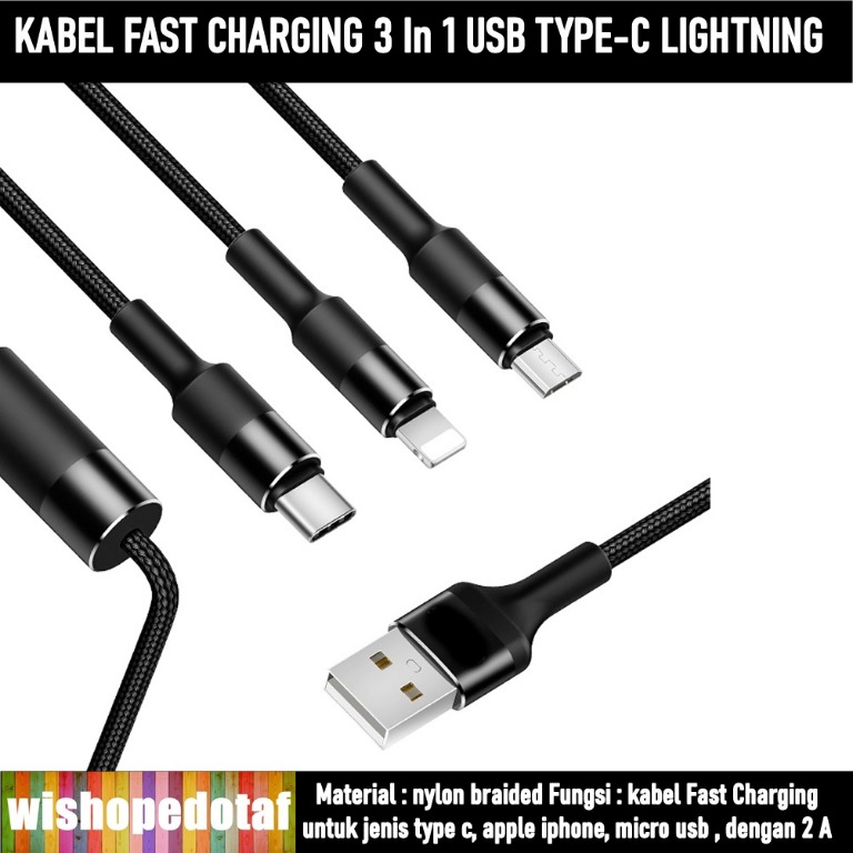 Multi Charger Cable Lighting Type C Micro Usb Data Sync 3in1 Telepon Seluler Tablet Aksesoris Tablet Handphone Power Bank Charger Di Carousell