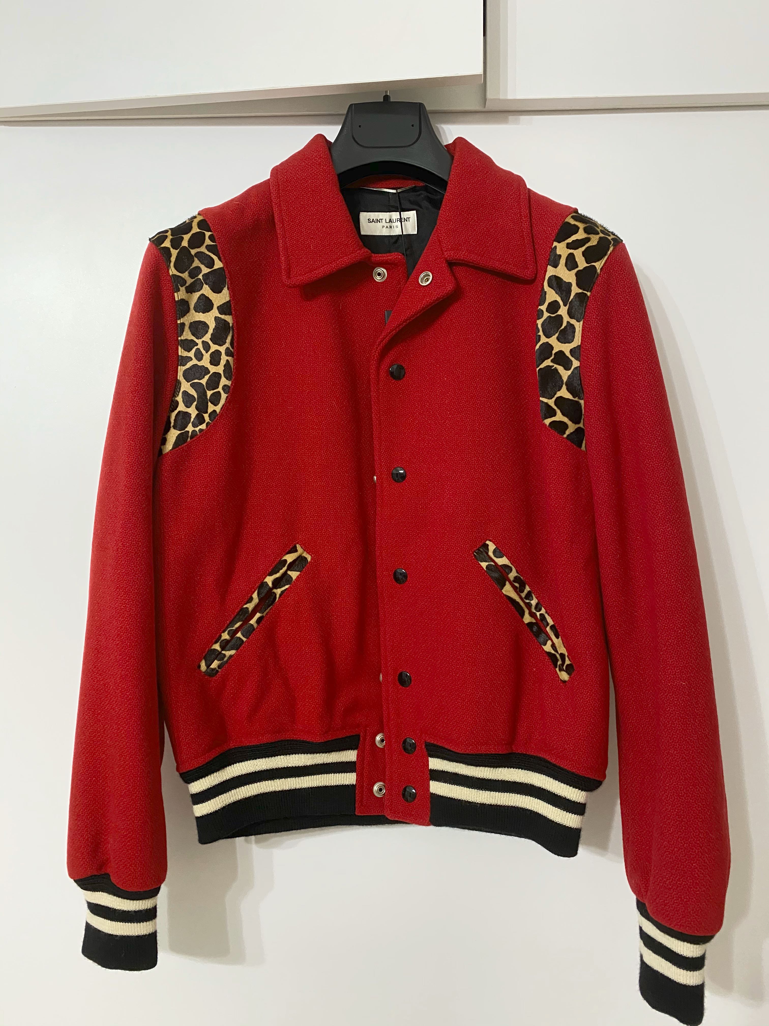 Saint Laurent YSL Red Teddy Leopard Varsity Jacket