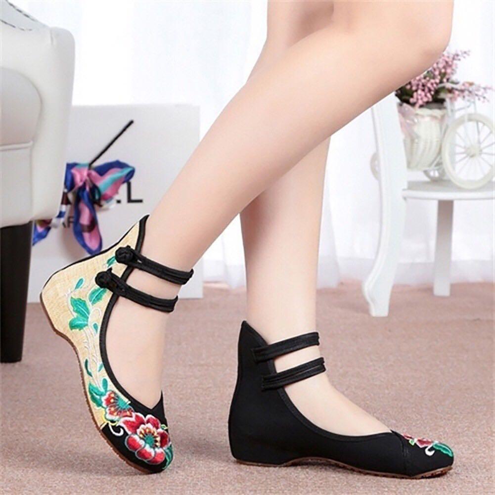 Womens Chinese Flower Embroidered Flat Shoes Ladies Mary Jane Ballet Cotton Pump