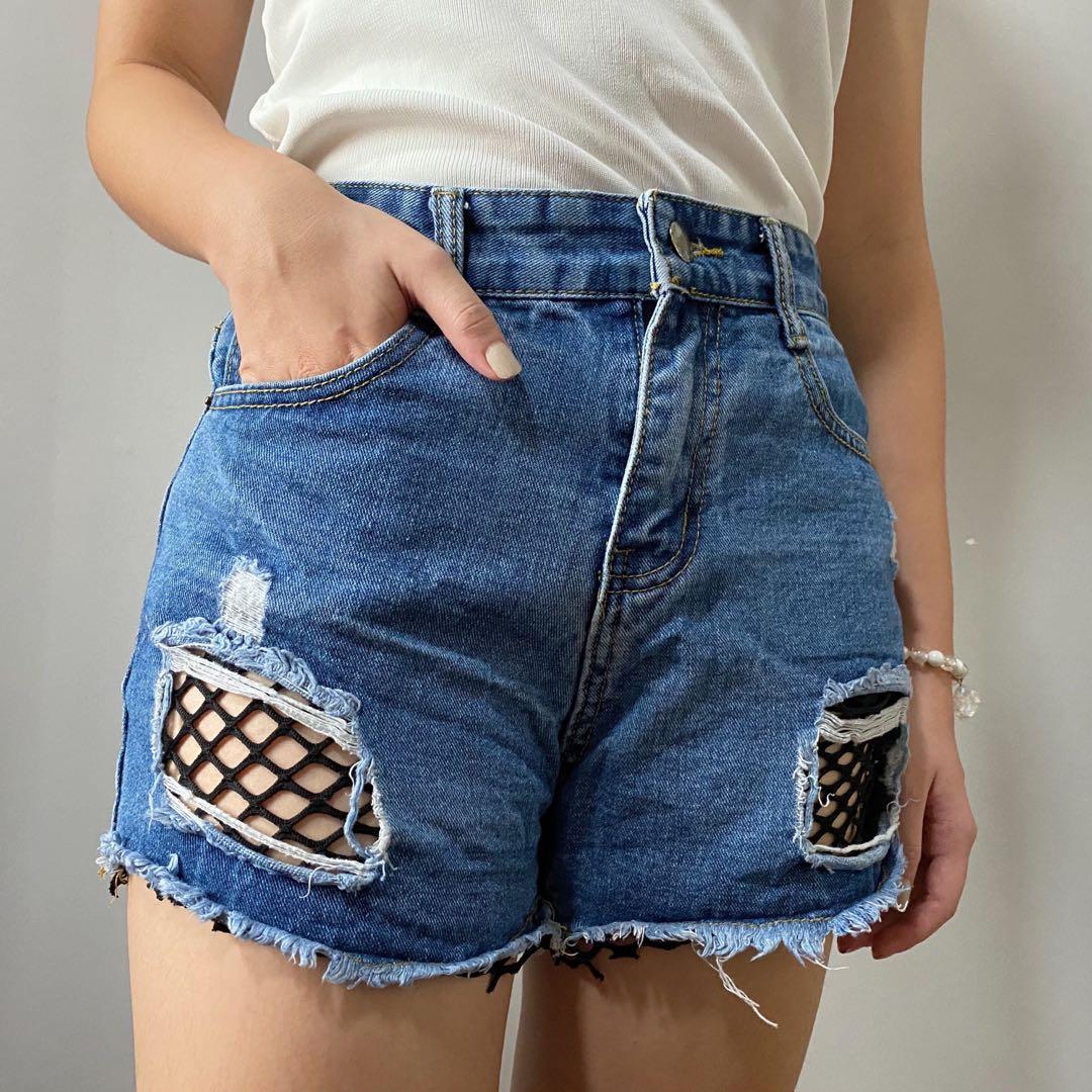 YFS Denim Fishnets High Waisted Shorts Women s Fashion Bottoms