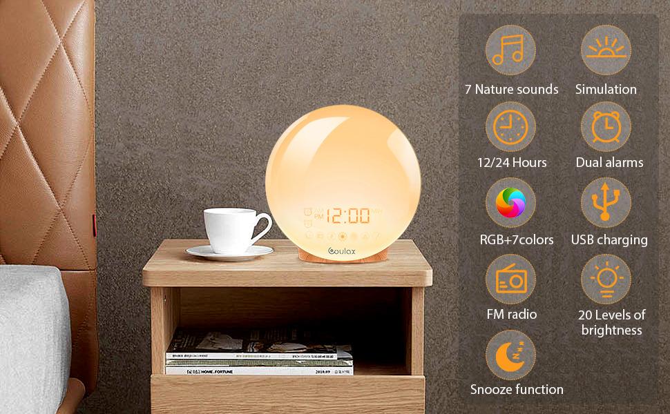 COULAX Wake Up Light LED Alarm Clock with Sunrise/Sunset Simulation