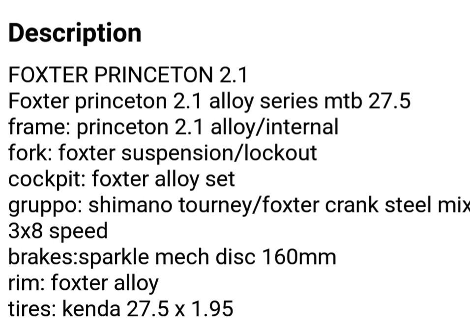 Foxter Princeton 2.1 27.5 Specs 2024 favors