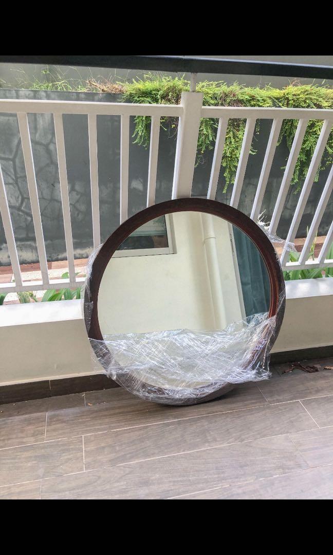 Large Round Mirror Antique Dark Wooden Wood Hanging Teak Frame Furniture Home Decor Antiques On Carousell