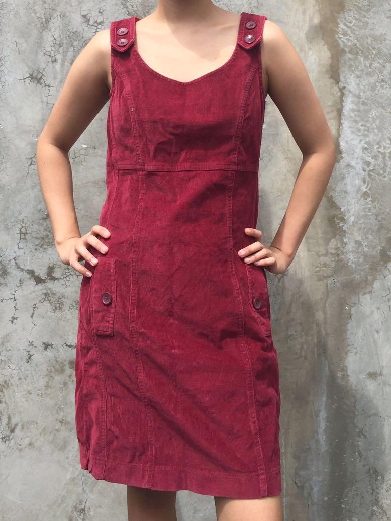 maroon corduroy overall dress