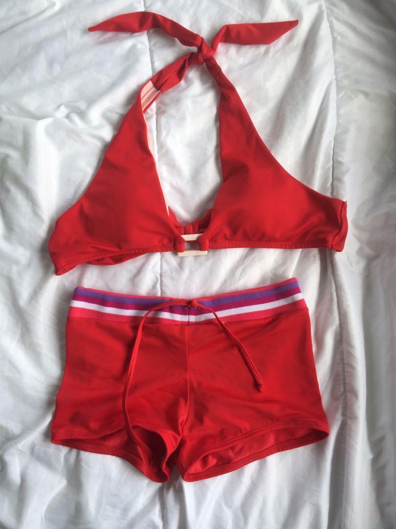 Red Bikini Top with Shorts, Women's 