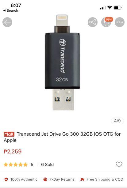 Transcend Jet Drive OTG for iOS 32 GB (Category: Hard Disks & Thumbdrives) located in Bacoor. Submitted by bloooooooooooomfields (Listing ID 1012818990, Image 1). Description: Used to put some images Deleted everything na bec I already have a 256gb phone Bought for 2k plus .