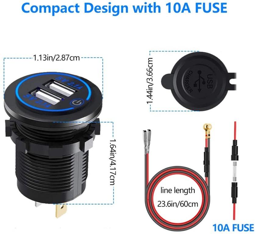 7665) Thlevel 12V 4.2A Dual USB Charger Socket with Touch Switch Waterproof  Power Outlet with Blue LED Indicator Light  Dual Charging Ports for 12V Car  RV Boat Marine Motorcycle Golf Cart,