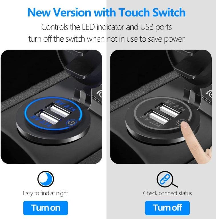 7665) Thlevel 12V 4.2A Dual USB Charger Socket with Touch Switch Waterproof  Power Outlet with Blue LED Indicator Light  Dual Charging Ports for 12V Car  RV Boat Marine Motorcycle Golf Cart,