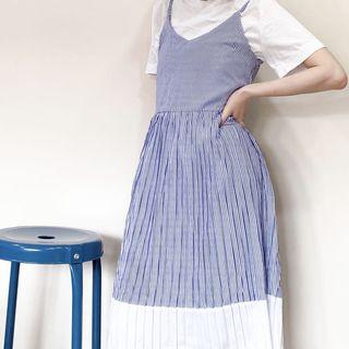 韓貨 藍 白 條紋 洋裝 調節 肩帶 裙子 裙 正韓