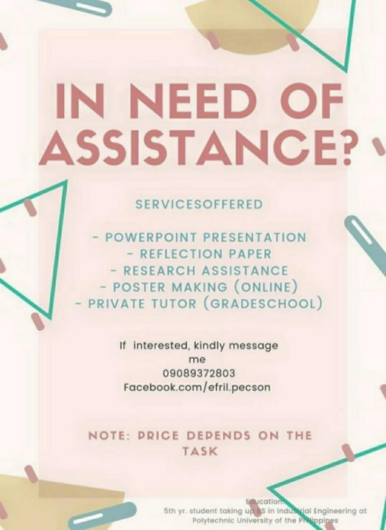 Academic Assistant, Tutor, Encoder, Freelancer, Social Media Assistant (Category: Looking For) located in Manila. Submitted by efril.pecson (Listing ID 1012936766, Image 1). Description: Hi! I'm a freelancer with multiple experiences in the field of writing, encoding, data analysis, tutoring etc. I offer different services from students to small business owners. services offered: - Tutoring (Preschool to High School) - Data Analysis (Vlookup, Piv