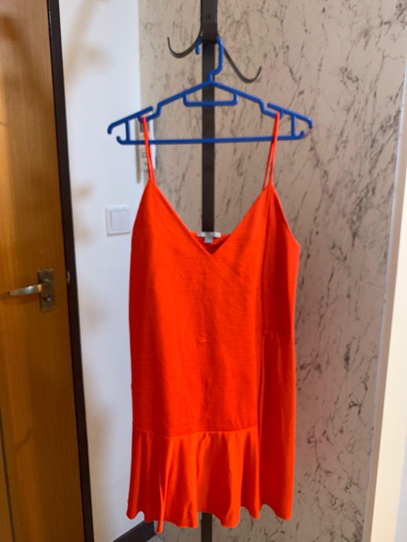 cos skater dress COS Skater Dress Red Size Eur S Boat Neck 3/4 Sleeves Pleated Midi 2  Pockets