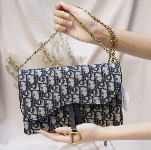 Ready New CHRISTIAN DIOR Oblique Saddle Clutch On Chain in Deep Blue Multicolors