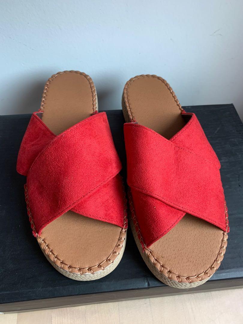 red slip on sandals