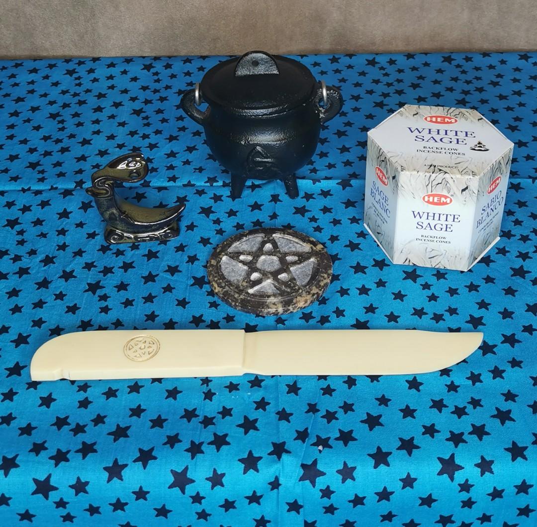 Altar kit starter pack backflow (Category: Religious Items) located in Cavite. Submitted by asianpretty (Listing ID 1013270883, Image 1). Description: Set 3 1 blue altar cloth 1 cast iron cauldron 1 Pentacle bone athame acrylic 1 3 inch pentacle soap Stone tile 1 Backflow White Sage incense 1 Backflow incense burner.