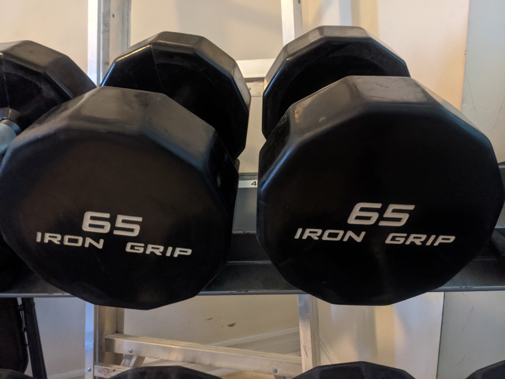 Commercial Iron Grip Dumbbell Set (55-85lbs) & Precor Rack