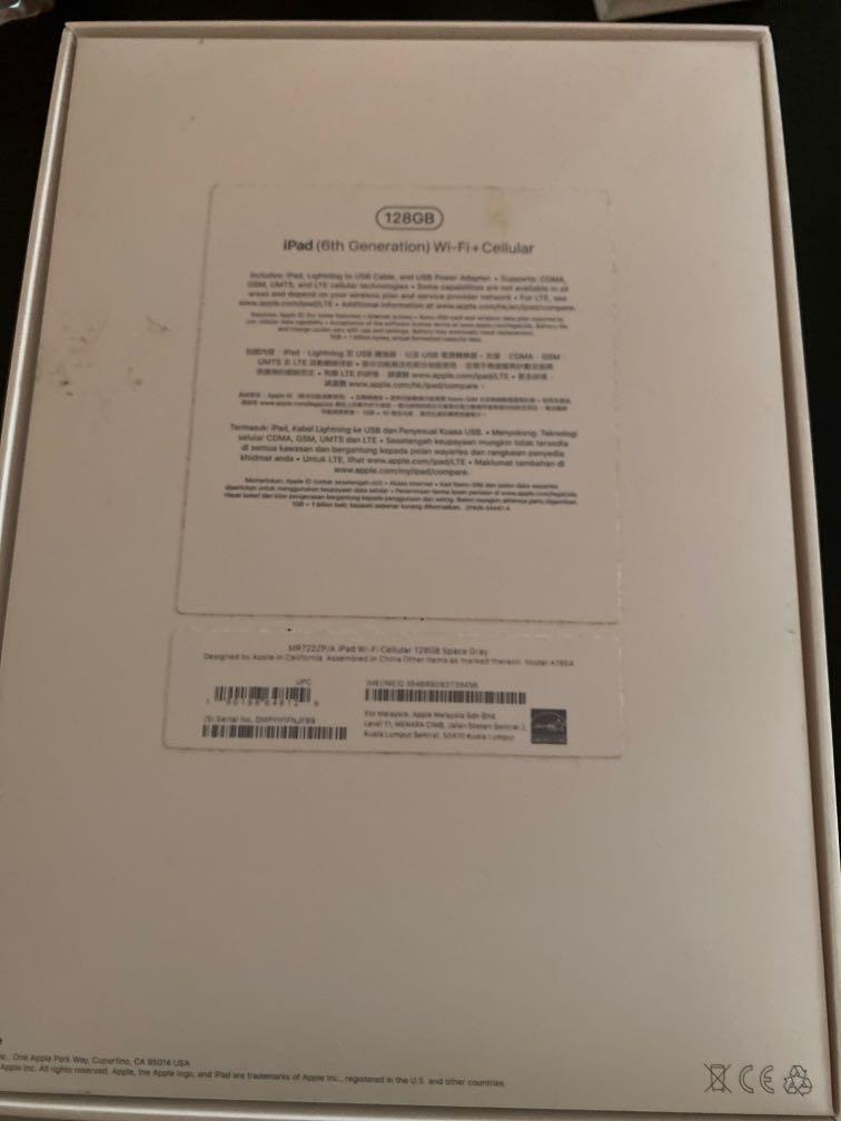 Ipad 6th Generation (Category: iPad) located in Singapore. Submitted by pooppooppoop__ (Listing ID 1013234531, Image 2). Description: IPAD 6th generation wifi + cellular 128gb My aunt bought this for me but I didn’t use it at all ( I think I used it once or twice to watch some dramas) Open for negos! Sorry I’m not a tech person so I don’t know much about such gadgets so I’m open for negos :).