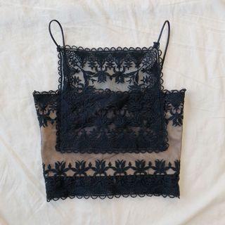 MDS Black Lace Sheer Front High Square Neck Button-Down Cropped Spag Cami Blouse/Top #blogshopparty