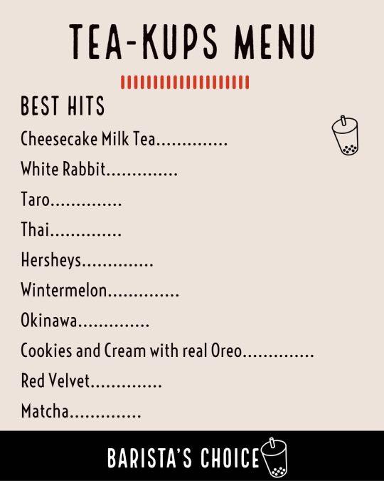 Tea-Kups Boba tea and snacks (Category: Beverages) located in Paranaque City. Submitted by reyndavid (Listing ID 1013144403, Image 1). Description: Are you craving for milktea?Try our premium milktea,For pick up and delivery with fee.We are located @ Gatchalian Subd Phase 2c Paranaque 16 oz. P65 22.oz P75 additional pearls 10 additional creamcheese 10 DM/PM us your orders Thank you😍😍😍.
