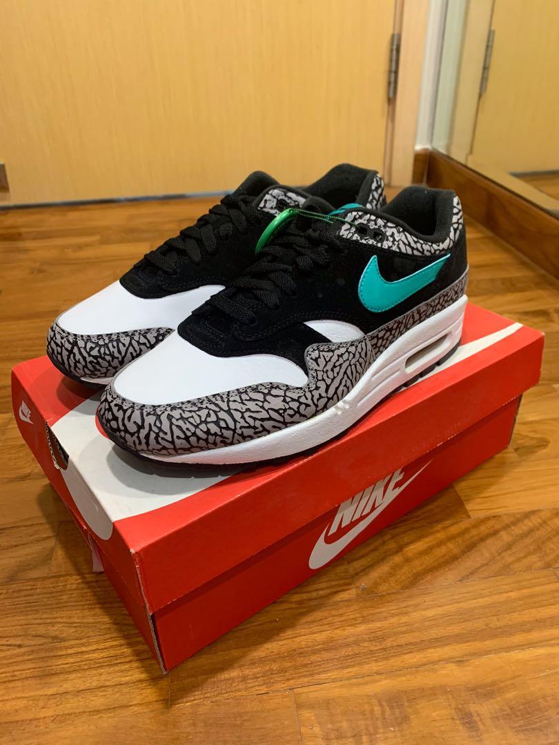SIZE 12 - 2017 NIKE AIR MAX 1 ANNIVERSARY WHITE OBSIDIAN BLUE RED ATMOS DAY