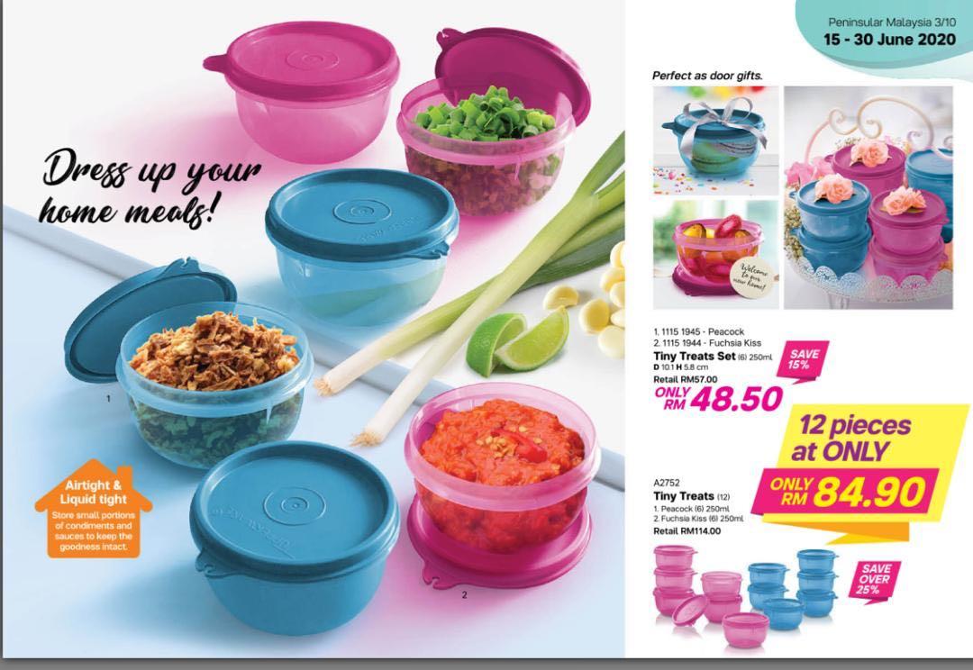 Tupperware Tiny Treats Set (Category: Food Organisation & Storage) located in Kuala Lumpur. Submitted by ndsyhd (Listing ID 1013627421, Image 1). Description: 1 set - 6pcs Size 250ml.