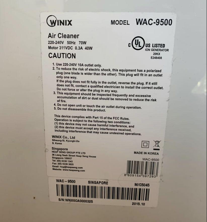 Winix WAC 9500 air purifier, TV & Home Appliances, Air Purifiers