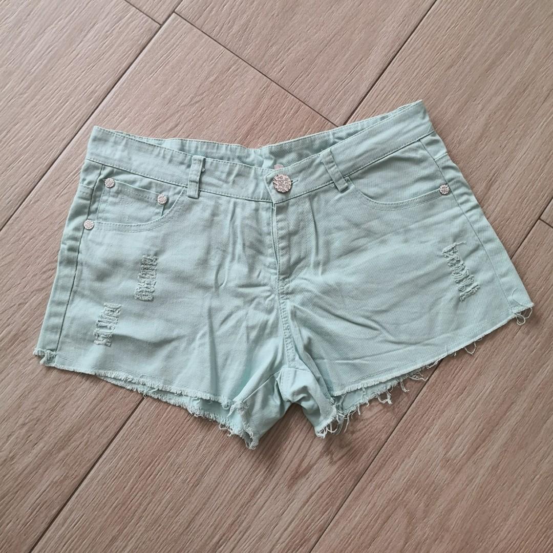 mint green denim shorts