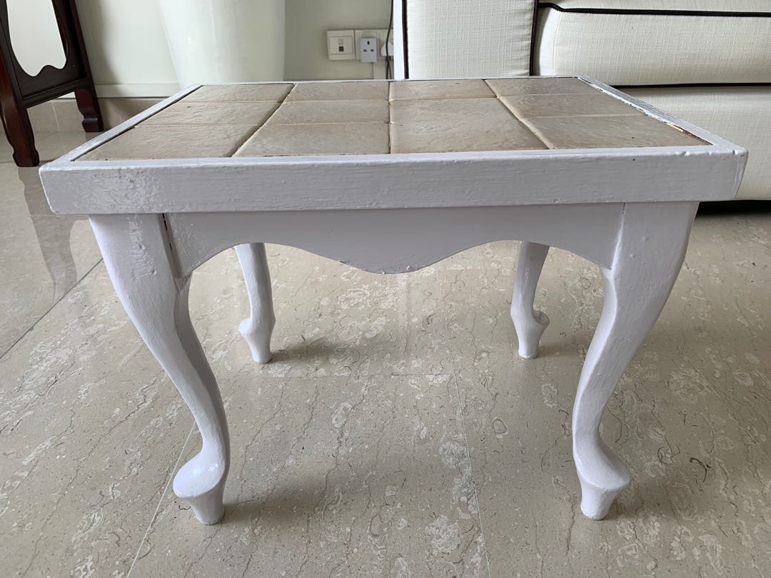 Vintage White Side Table With Tiles, Furniture & Home Living