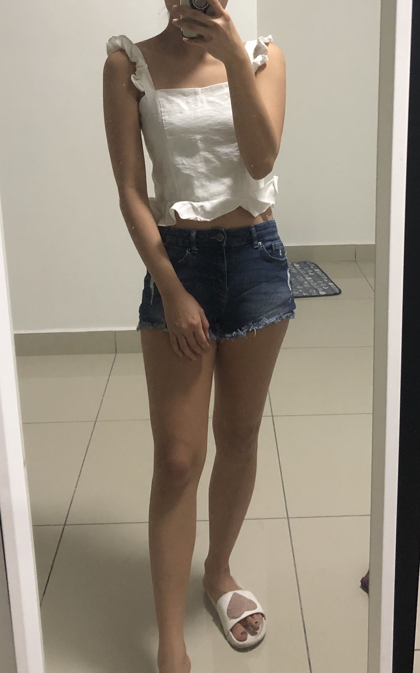 white top denim shorts