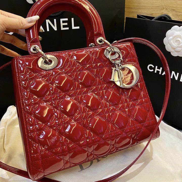 Authentic Christian Dior Red Patent Leather Medium Lady Dior Silver Hardware Luxury Bags Wallets Handbags On Carousell
