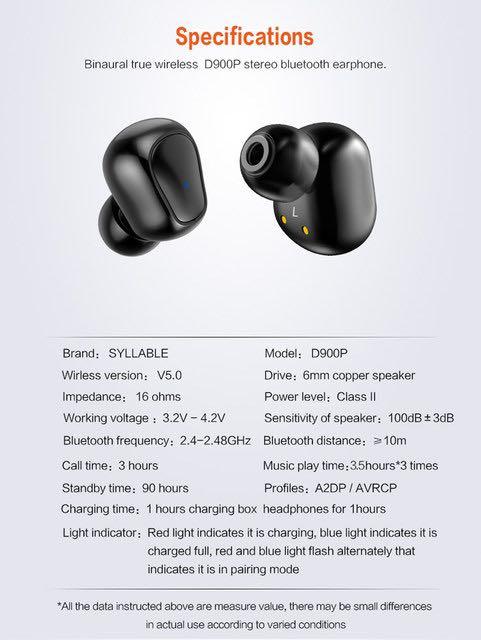 BNIB 1Y warranty SYLLABLE D900P Bluetooth V5.0 TWS Earphone True Wireless Stereo Earbud Waterproof SYLLABLE Bluetooth Headset