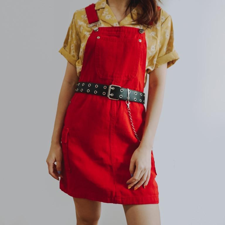 Red denim pinafore new arrivals dress