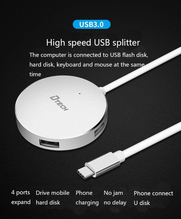DTECH 4 Port USB Type C to USB 3.0 Hub (Aluminum) (Category: Cables & Adaptors) located in Quezon City. Submitted by acetechph (Listing ID 1013951222, Image 2). Description: • Ultra slim 4 port USB C hub with quick charging port for multiple USB 3.0 /USB 2.0 port type A devices connected to your desktop or laptop at the same time • As USB C to USB 3.0 hub, it also can be a USB multiport charging station to rapid charge your iphone or tablet when 