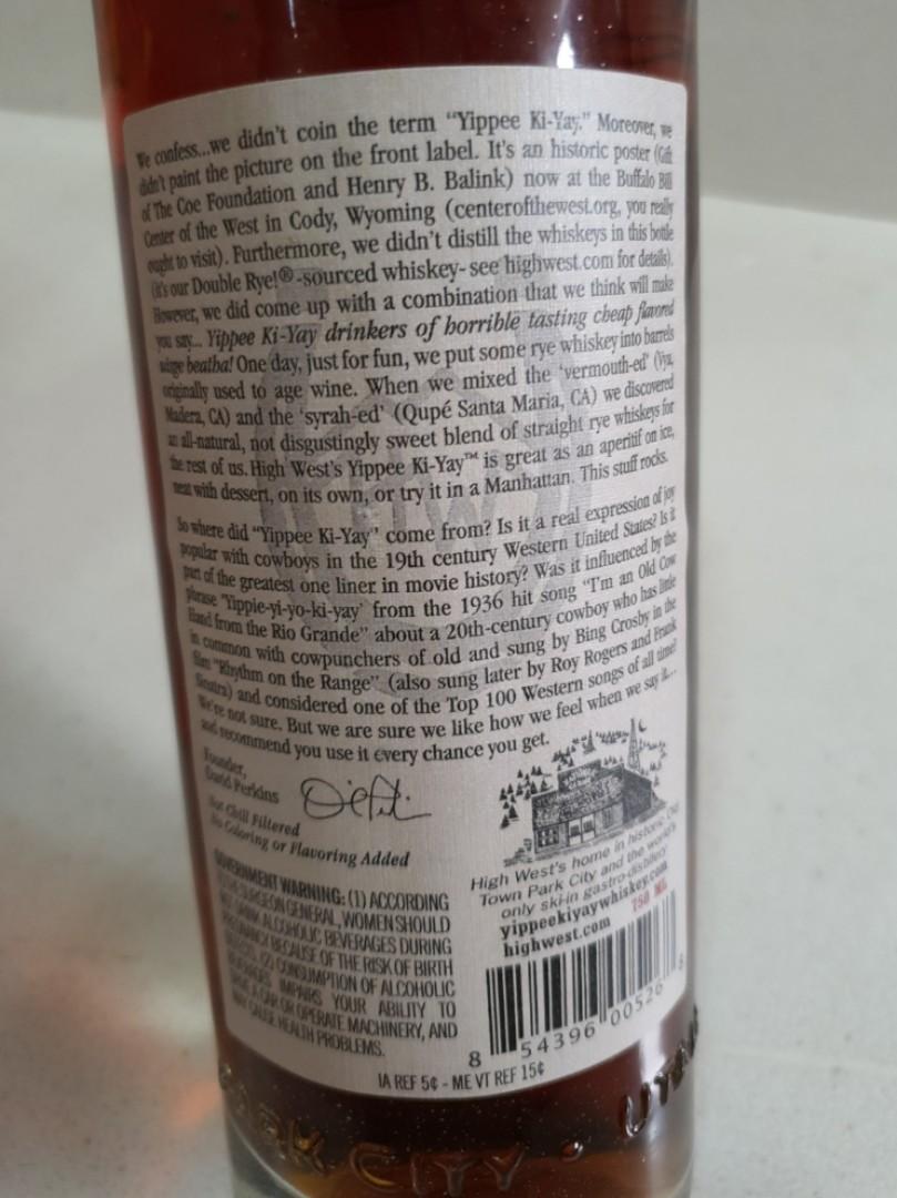 High West "Yippee KiYay" whiskey, Food & Drinks, Alcoholic Beverages